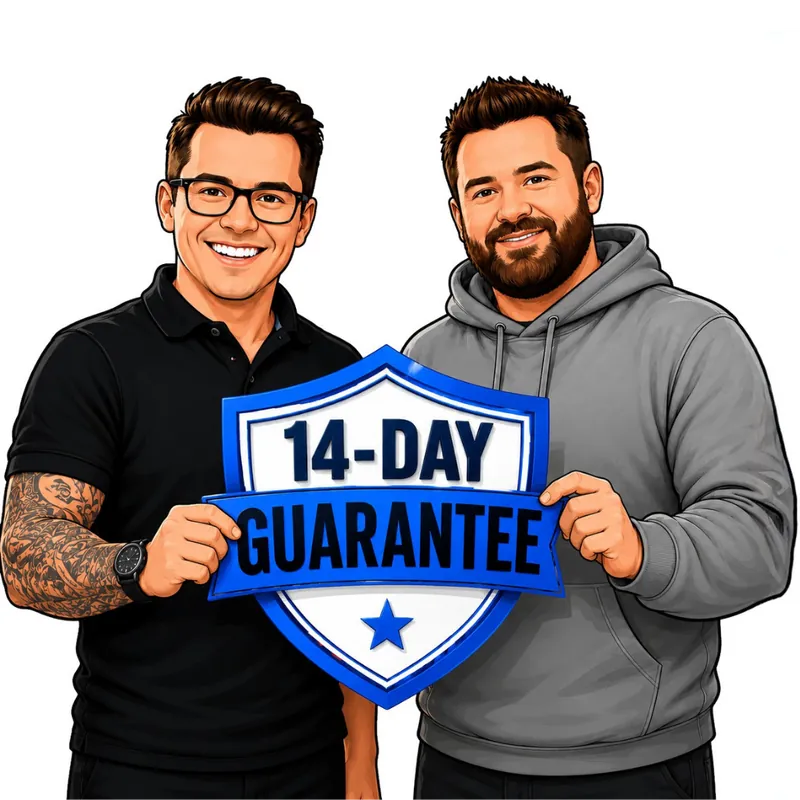 Matt and Ben holding a 14-day guarantee shield